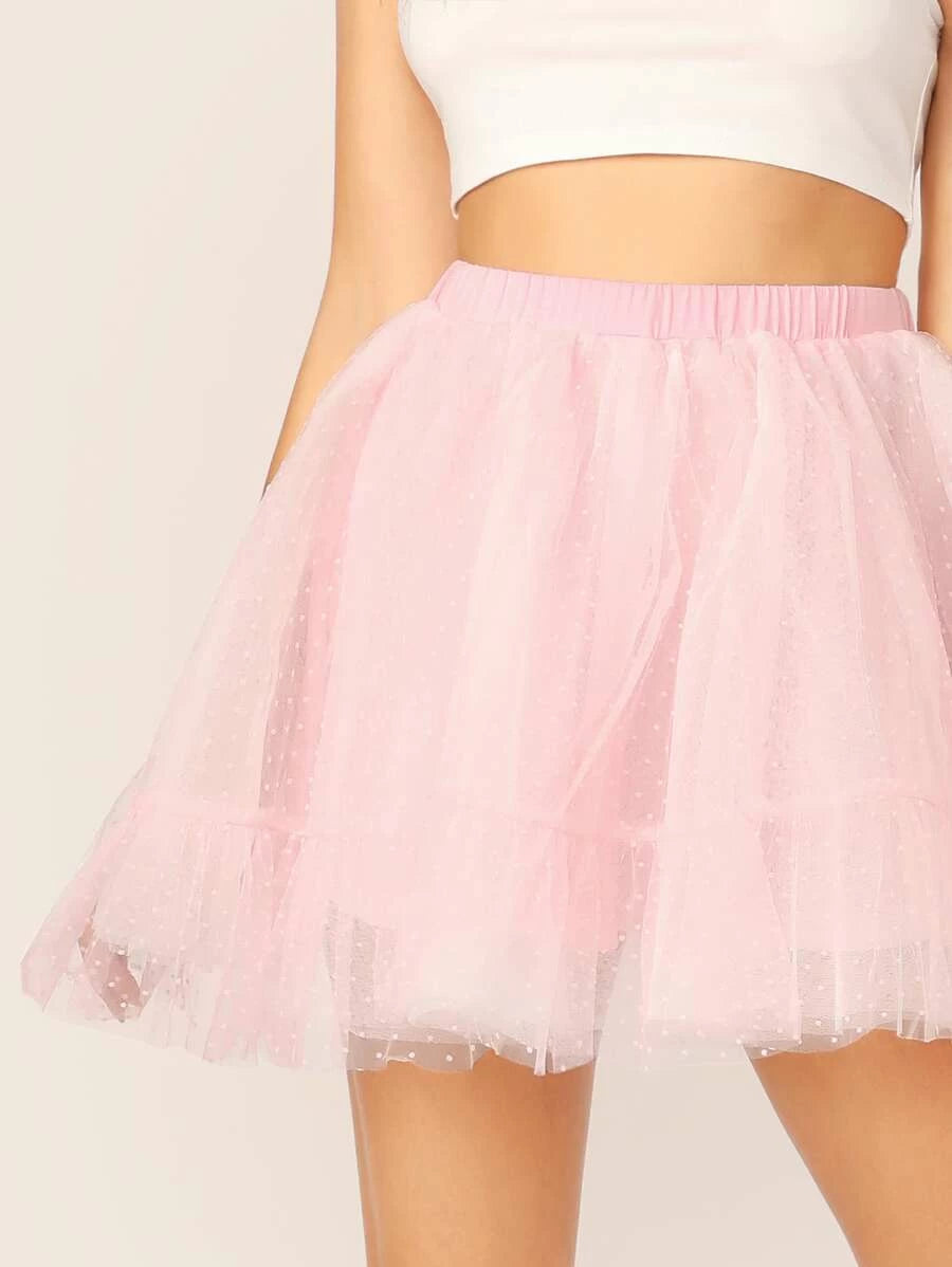 Letter Graphic Ringer Tee & Swiss Dot Mesh Skirt Set Periwinkley Shop