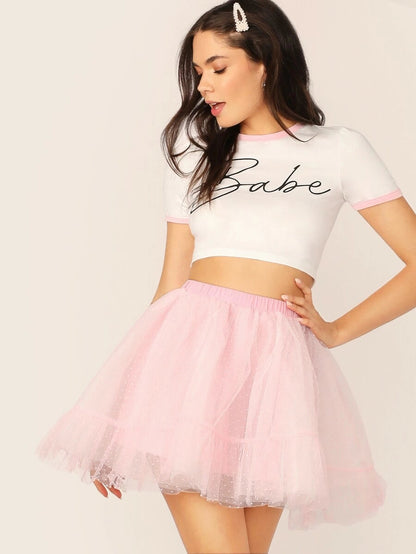 Letter Graphic Ringer Tee & Swiss Dot Mesh Skirt Set Periwinkley Shop