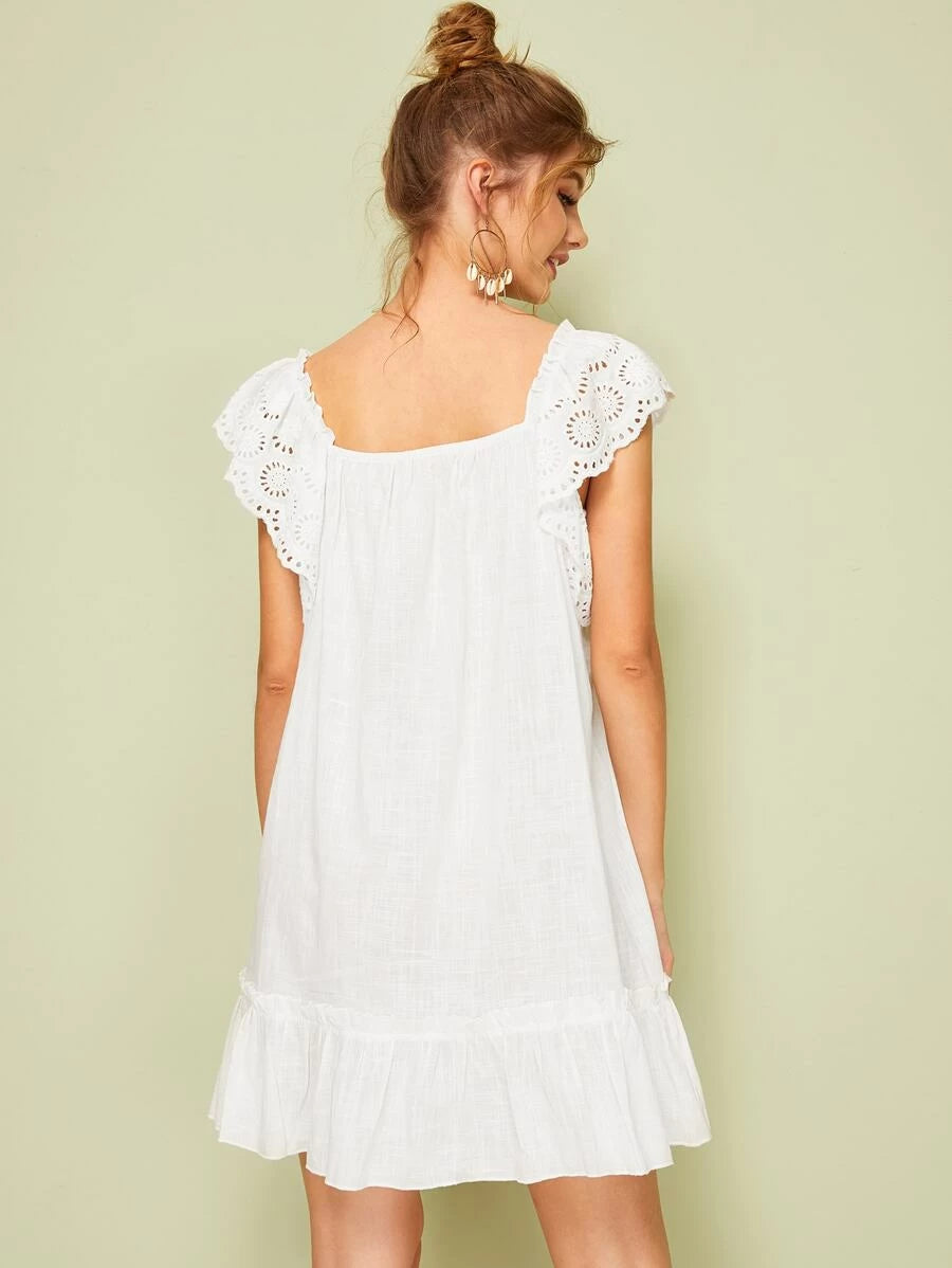 Eyelet Embroidery Square Neck Ruffle Hem Dress Periwinkley Shop