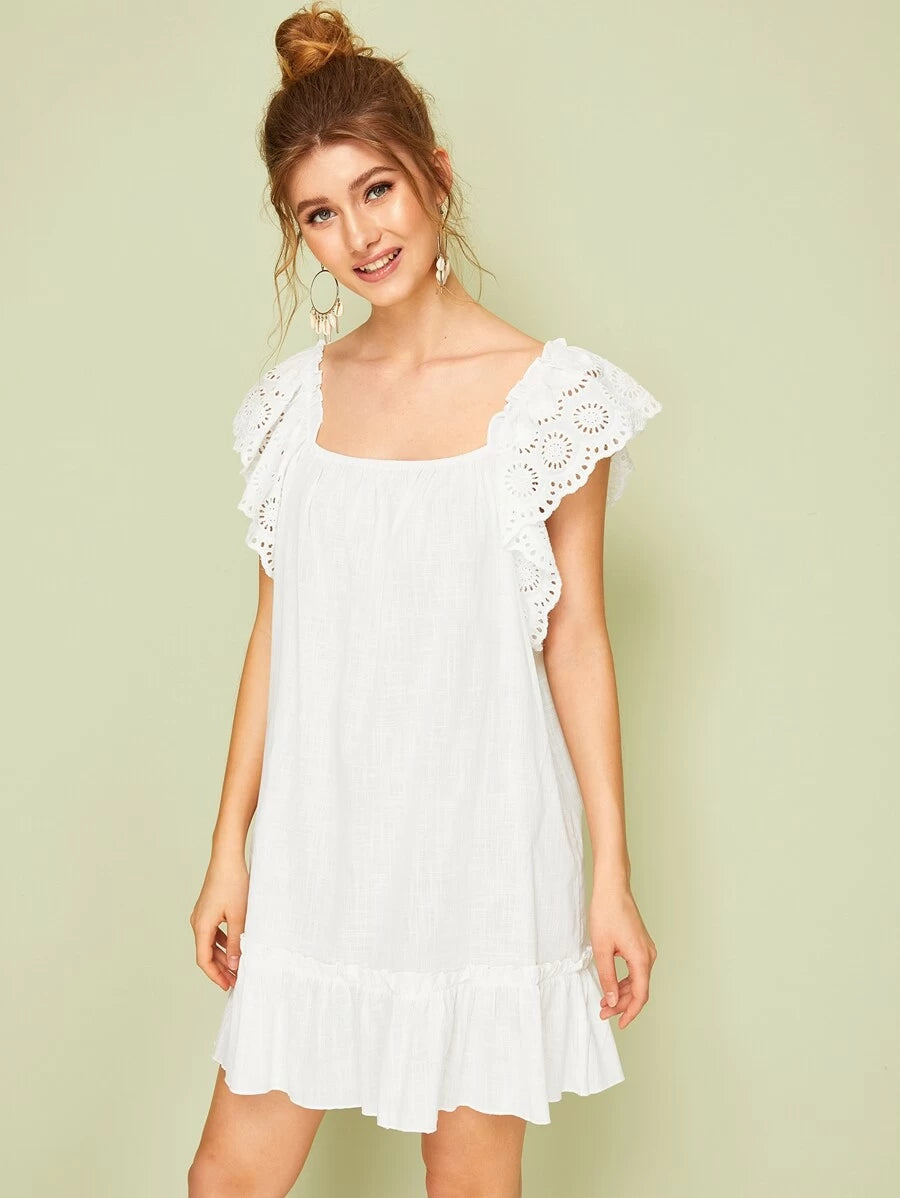 Eyelet Embroidery Square Neck Ruffle Hem Dress Periwinkley Shop