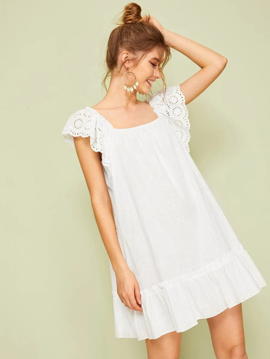 Eyelet Embroidery Square Neck Ruffle Hem Dress Periwinkley Shop