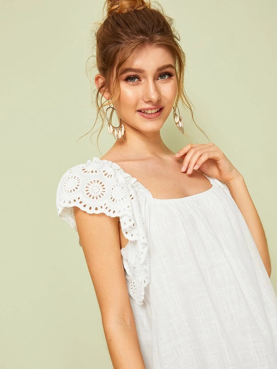 Eyelet Embroidery Square Neck Ruffle Hem Dress Periwinkley Shop