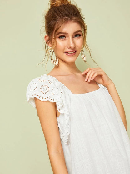 Eyelet Embroidery Square Neck Ruffle Hem Dress Periwinkley Shop