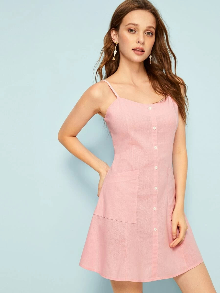 Solid Button Front Dual Pocket Cami Dress Periwinkley Shop