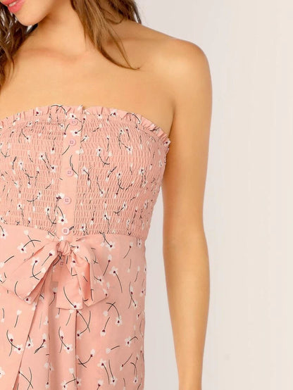 Shirred Bodice Button Front Tied Wrap Tube Dress Periwinkley Shop