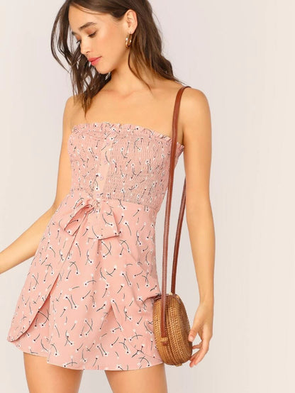 Shirred Bodice Button Front Tied Wrap Tube Dress Periwinkley Shop