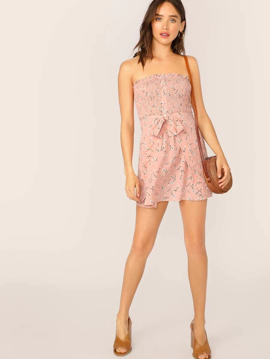 Shirred Bodice Button Front Tied Wrap Tube Dress Periwinkley Shop