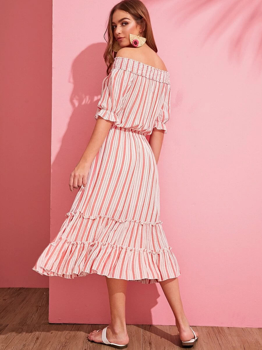 Off Shoulder Shirred Layered Frilled Striped Dress Periwinkley Shop