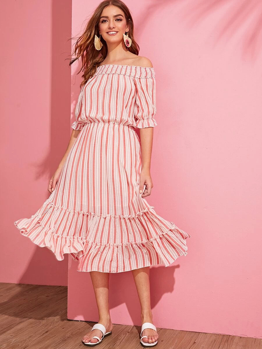 Off Shoulder Shirred Layered Frilled Striped Dress Periwinkley Shop