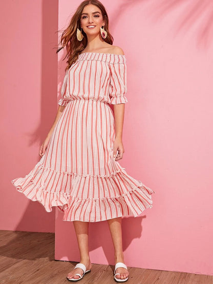 Off Shoulder Shirred Layered Frilled Striped Dress Periwinkley Shop