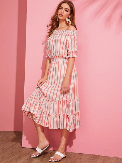 Off Shoulder Shirred Layered Frilled Striped Dress Periwinkley Shop