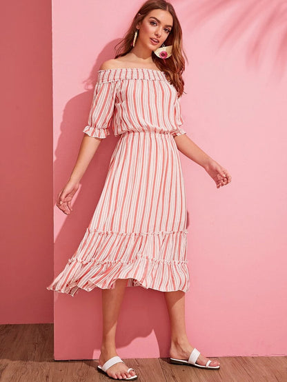 Off Shoulder Shirred Layered Frilled Striped Dress Periwinkley Shop