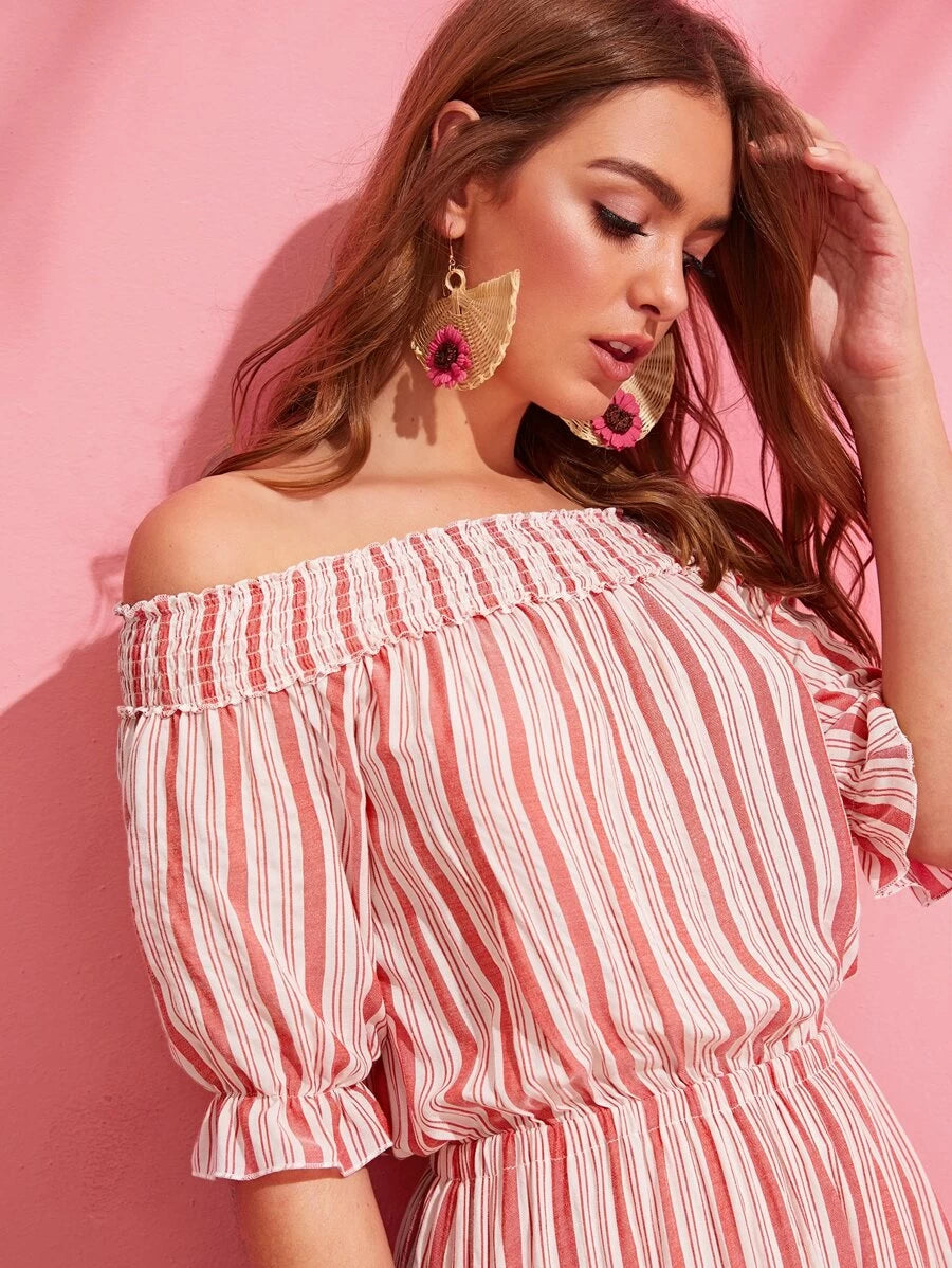 Off Shoulder Shirred Layered Frilled Striped Dress Periwinkley Shop