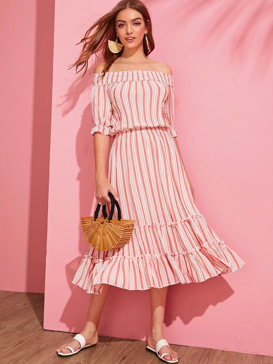 Off Shoulder Shirred Layered Frilled Striped Dress Periwinkley Shop