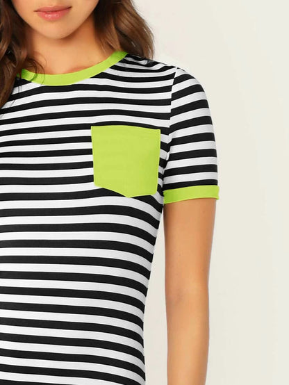 Neon Lime Pocket Patched Striped Ringer Tee Dress Periwinkley Shop