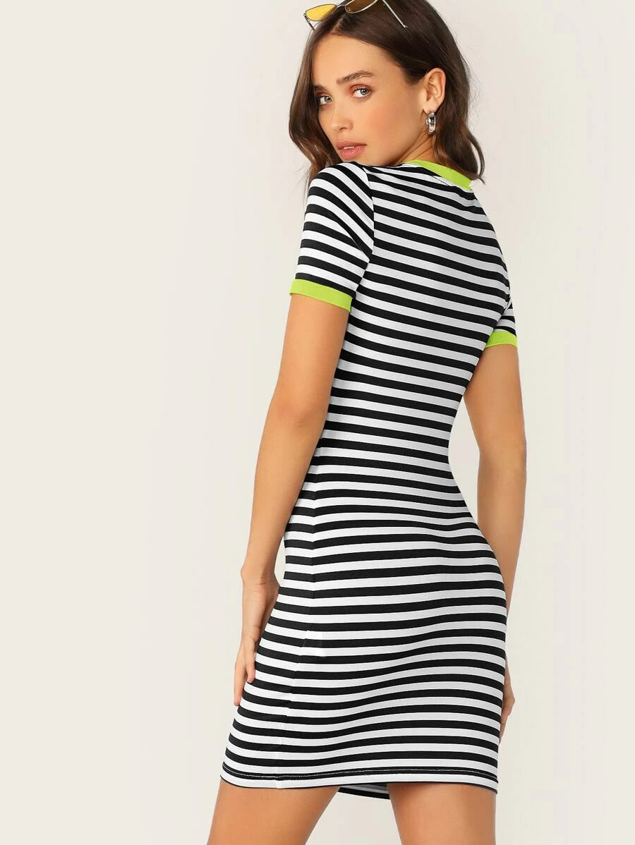 Neon Lime Pocket Patched Striped Ringer Tee Dress Periwinkley Shop