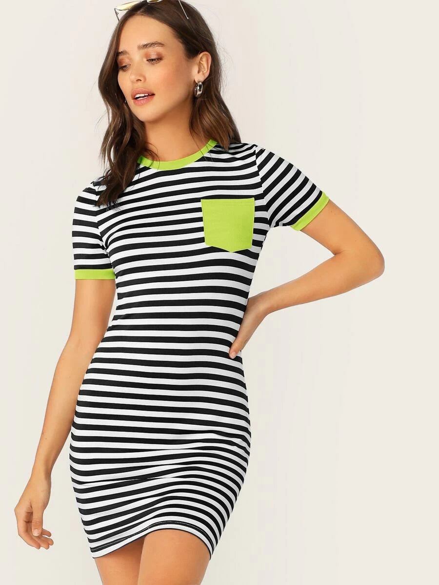 Neon Lime Pocket Patched Striped Ringer Tee Dress Periwinkley Shop