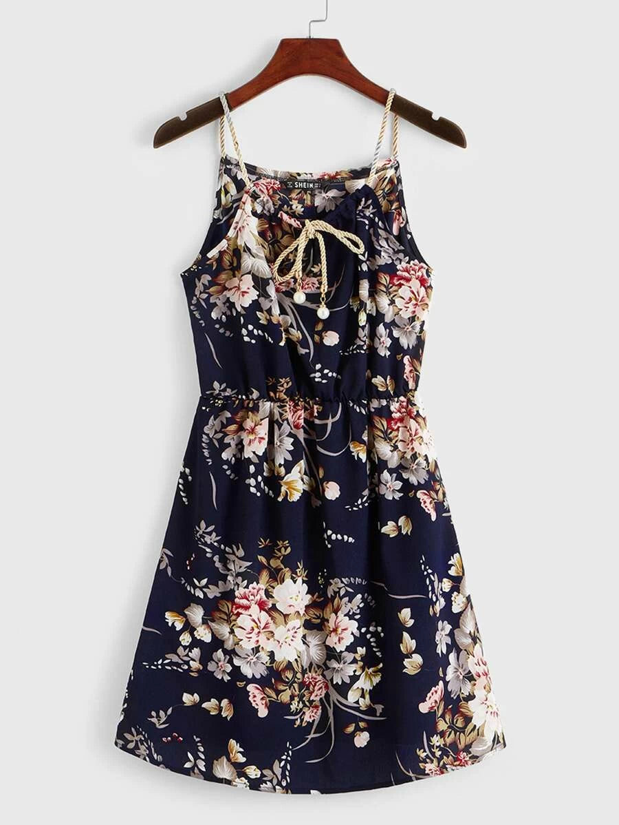 Pearls Tie Front Floral Print Cami Dress Periwinkley Shop