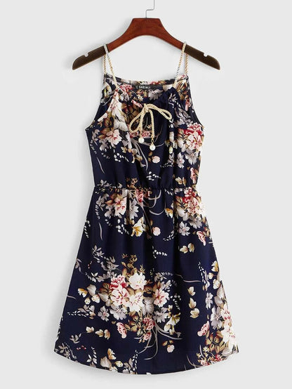 Pearls Tie Front Floral Print Cami Dress Periwinkley Shop