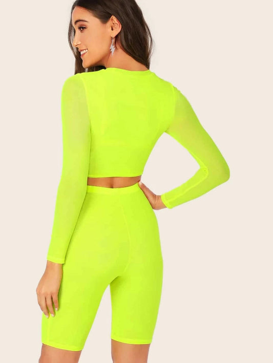 Neon Lime Fitted Crop Top and Cycling Shorts Set Periwinkley Shop