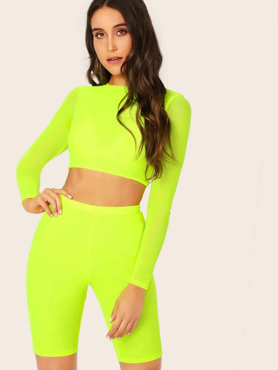 Neon Lime Fitted Crop Top and Cycling Shorts Set Periwinkley Shop