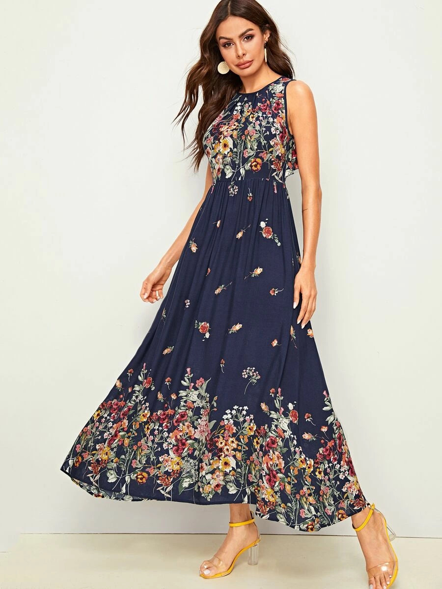 Floral Print Tie Back Ruffle Trim Maxi Dress Periwinkley Shop