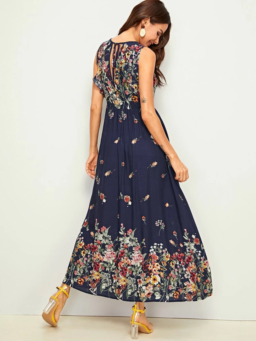 Floral Print Tie Back Ruffle Trim Maxi Dress Periwinkley Shop