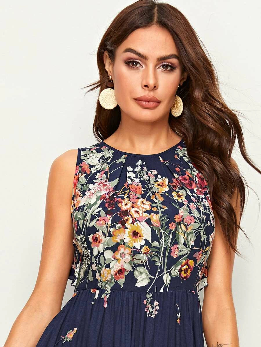 Floral Print Tie Back Ruffle Trim Maxi Dress Periwinkley Shop