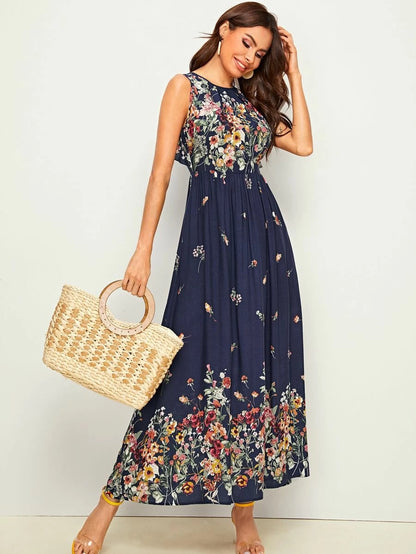 Floral Print Tie Back Ruffle Trim Maxi Dress Periwinkley Shop