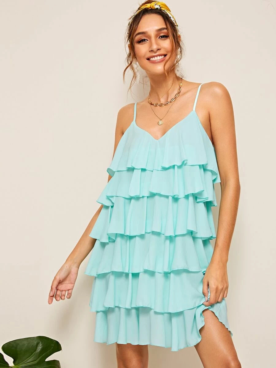 Double V Neck Layered Hem Cami Dress Periwinkley Shop