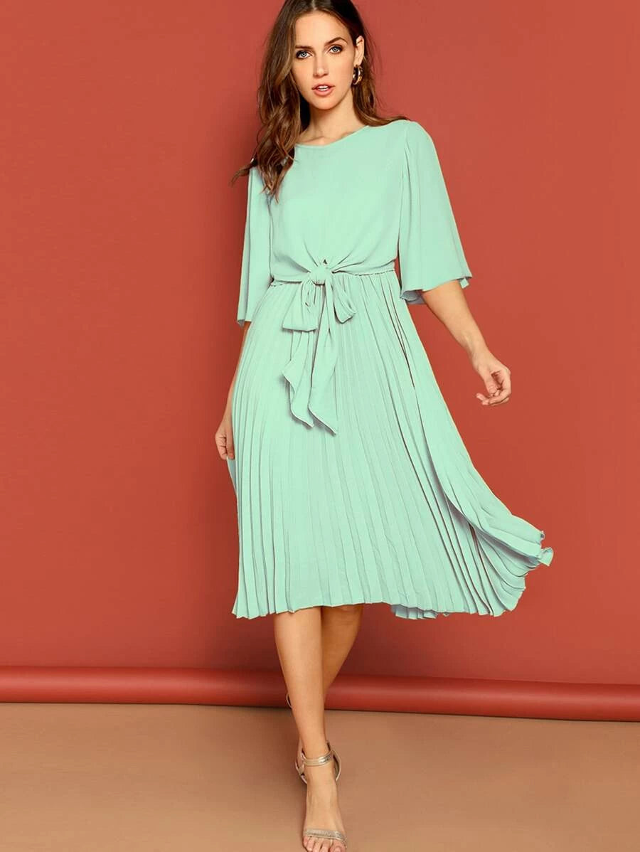 Zip Back Knot Front Pleated Dress Periwinkley Shop