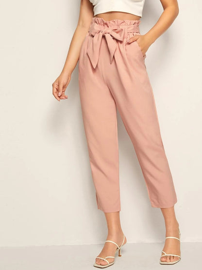 Solid Self Tie Paperbag Waist Pants Periwinkley Shop