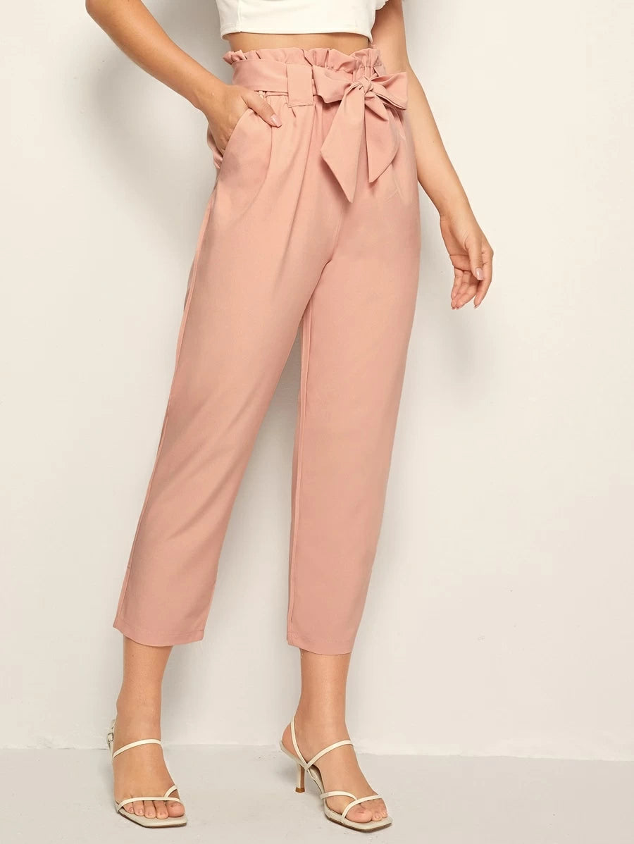 Solid Self Tie Paperbag Waist Pants Periwinkley Shop