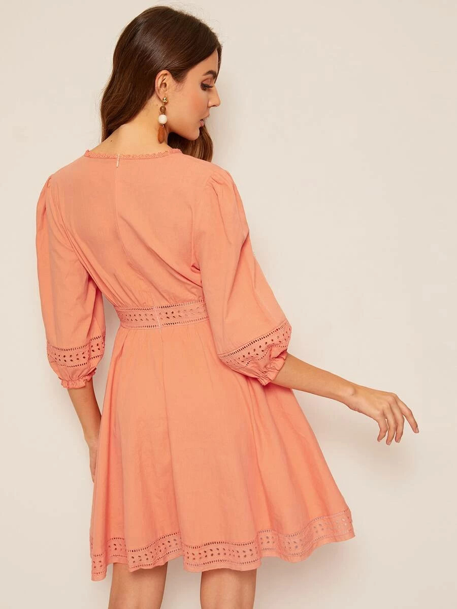 Embroidered Eyelet Insert Lantern Sleeve Dress Periwinkley Shop