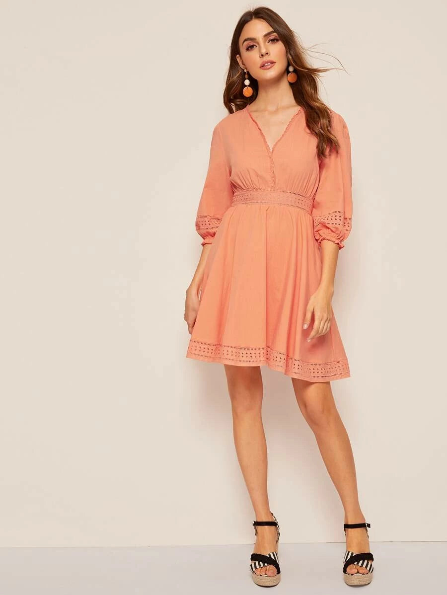 Embroidered Eyelet Insert Lantern Sleeve Dress Periwinkley Shop