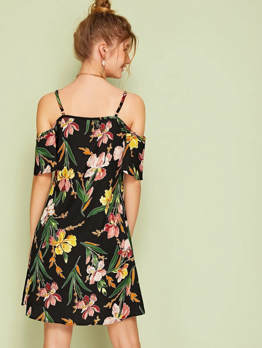 Cold Shoulder Floral Print Dress Periwinkley Shop