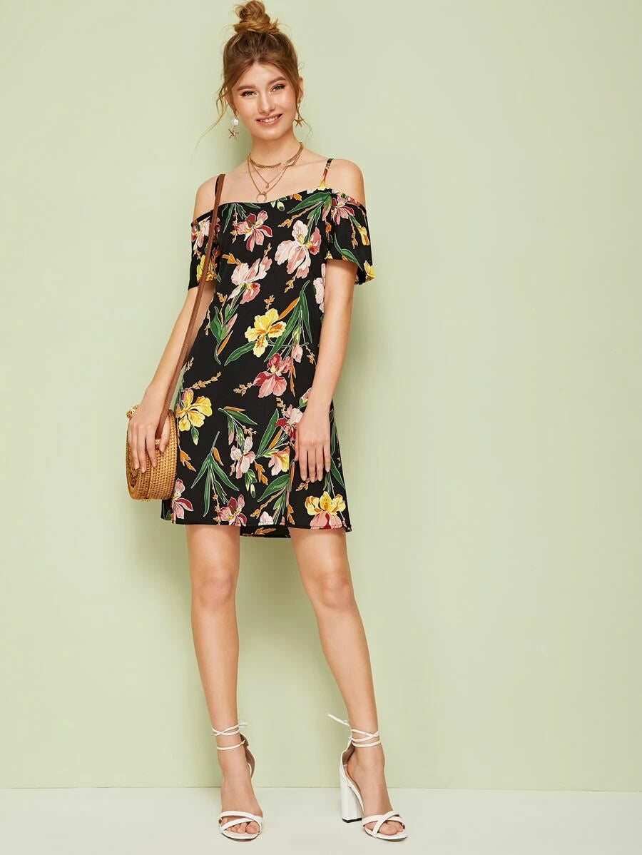 Cold Shoulder Floral Print Dress Periwinkley Shop
