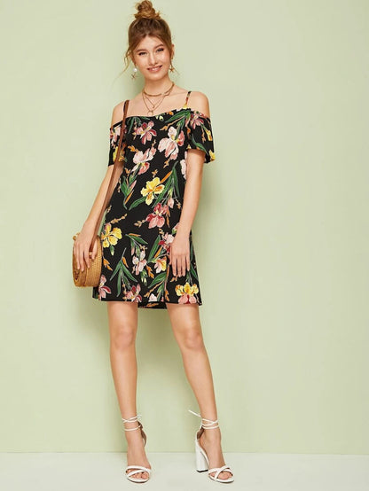 Cold Shoulder Floral Print Dress Periwinkley Shop