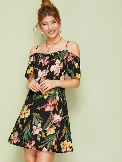 Cold Shoulder Floral Print Dress Periwinkley Shop