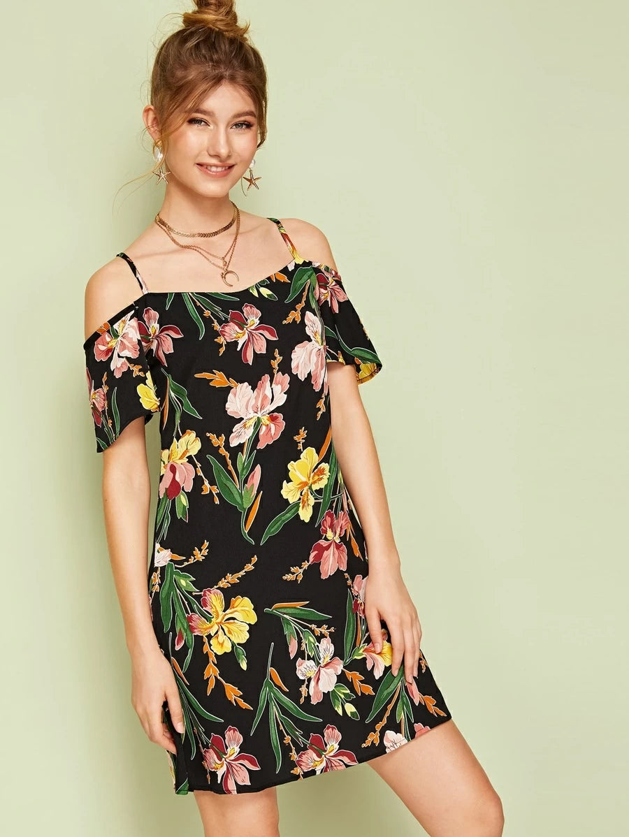 Cold Shoulder Floral Print Dress Periwinkley Shop
