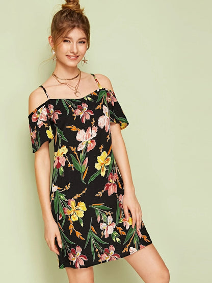 Cold Shoulder Floral Print Dress Periwinkley Shop