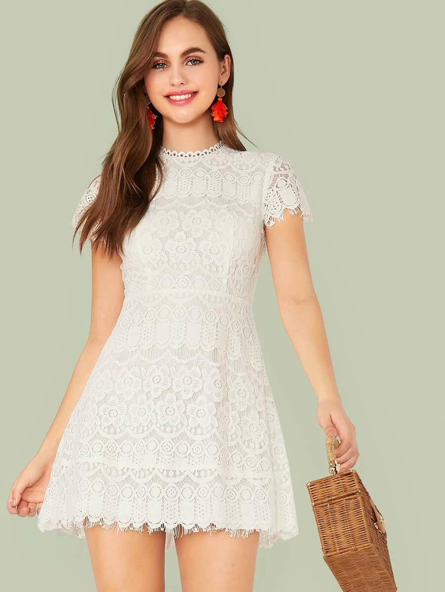 Solid Zip Back Fit and Flare Lace Dress Periwinkley Shop