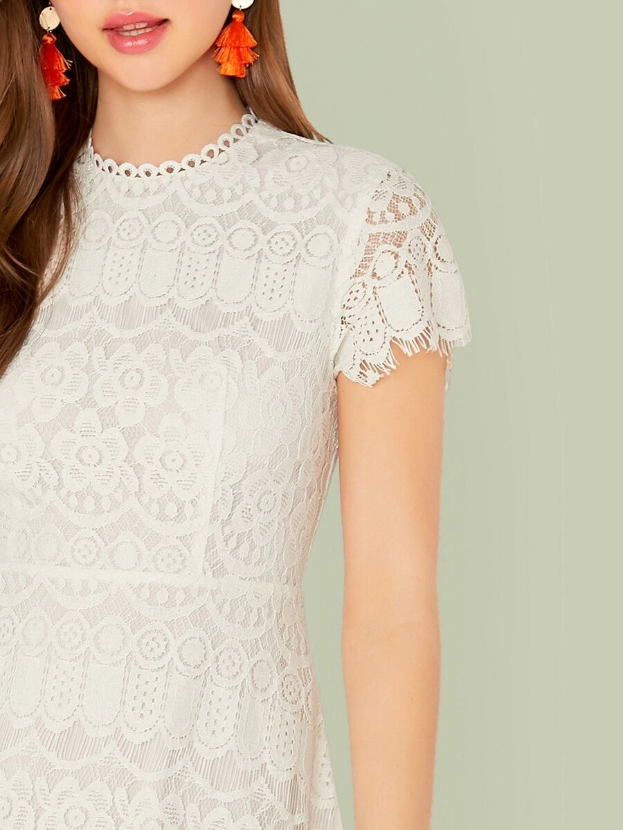 Solid Zip Back Fit and Flare Lace Dress Periwinkley Shop