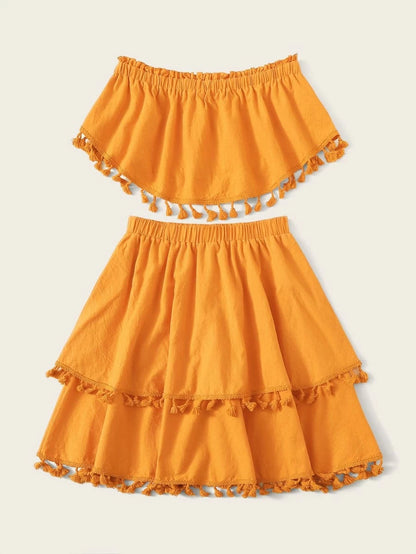 Frill Trim Bandeau Top & Tassel Hem Skirt Set Periwinkley Shop
