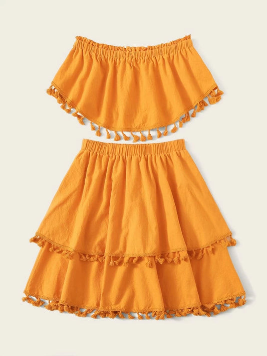 Frill Trim Bandeau Top & Tassel Hem Skirt Set Periwinkley Shop