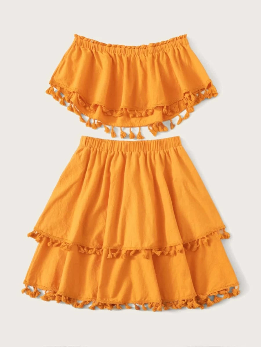 Frill Trim Bandeau Top & Tassel Hem Skirt Set Periwinkley Shop