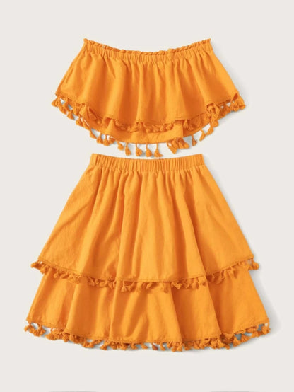 Frill Trim Bandeau Top & Tassel Hem Skirt Set Periwinkley Shop