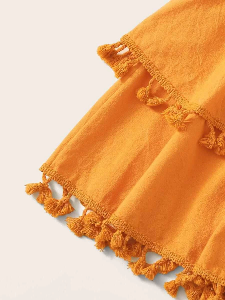 Frill Trim Bandeau Top & Tassel Hem Skirt Set Periwinkley Shop