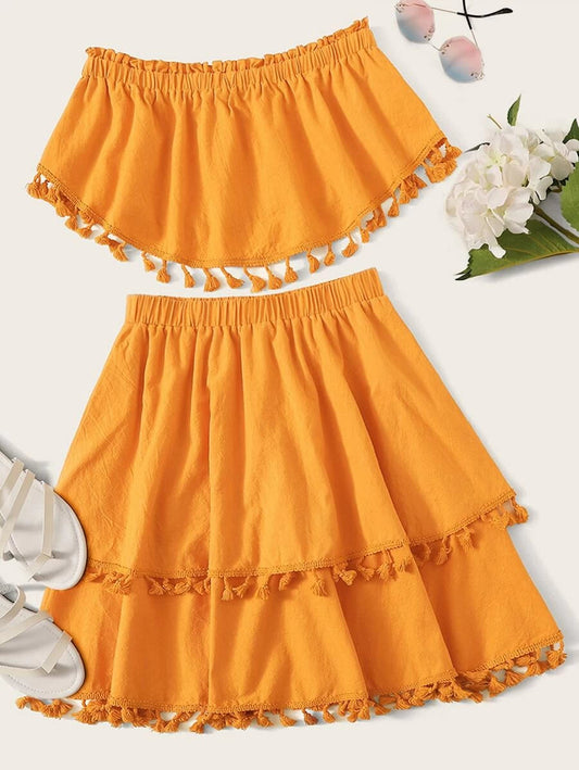 Frill Trim Bandeau Top & Tassel Hem Skirt Set Periwinkley Shop