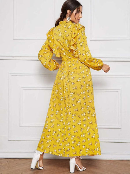 Ditsy Floral Print Tie Neck Ruffle Trim Maxi One Piece Dress Periwinkley Shop